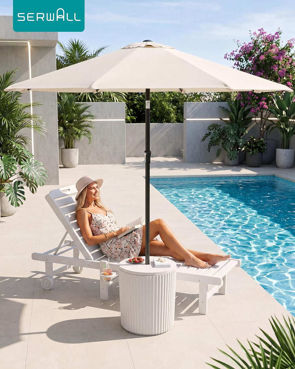 SERWALL Outdoor Round Umbrella Side Table, Multi-Functional Use, Beige