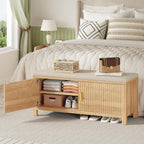39.4" Shoe Storage Bench with Seating Cushion, Fluted 2-Tier Entryway Bench with 2 Doors & Adjustable Shelves, Shoe Cabinet Bench for Entryway, Bedroom, Hallway, and Living Room