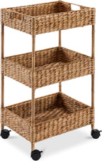Best Choice Products 3-Tier Water Hyacinth Rolling Nursery Caddy w/Wheels, Utility Cart, Storage Organization for Bathroom, Craft Room, Laundry Room - Chestnut