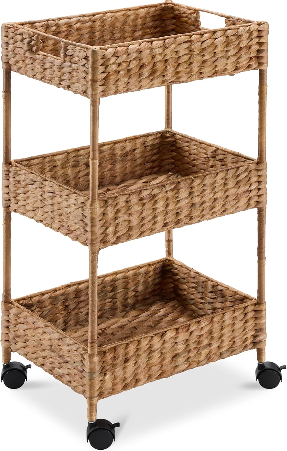 Best Choice Products 3-Tier Water Hyacinth Rolling Nursery Caddy w/Wheels, Utility Cart, Storage Organization for Bathroom, Craft Room, Laundry Room - Chestnut