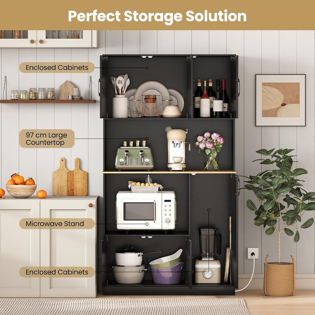71" Large Kitchen Hutch with Power Outlet, Freestanding Pantry Cabinet with Microwave Shelf, Kitchen Cabinet with Countertop, Dining Room Hutch
