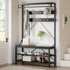 40" Industrial Hall Tree, 3-in-1 Entryway Coat Rack Shoe Bench with 8 Hooks & 3-Tier Storage Shelf, Heavy Duty Metal Frame Mudroom Organizer, Black