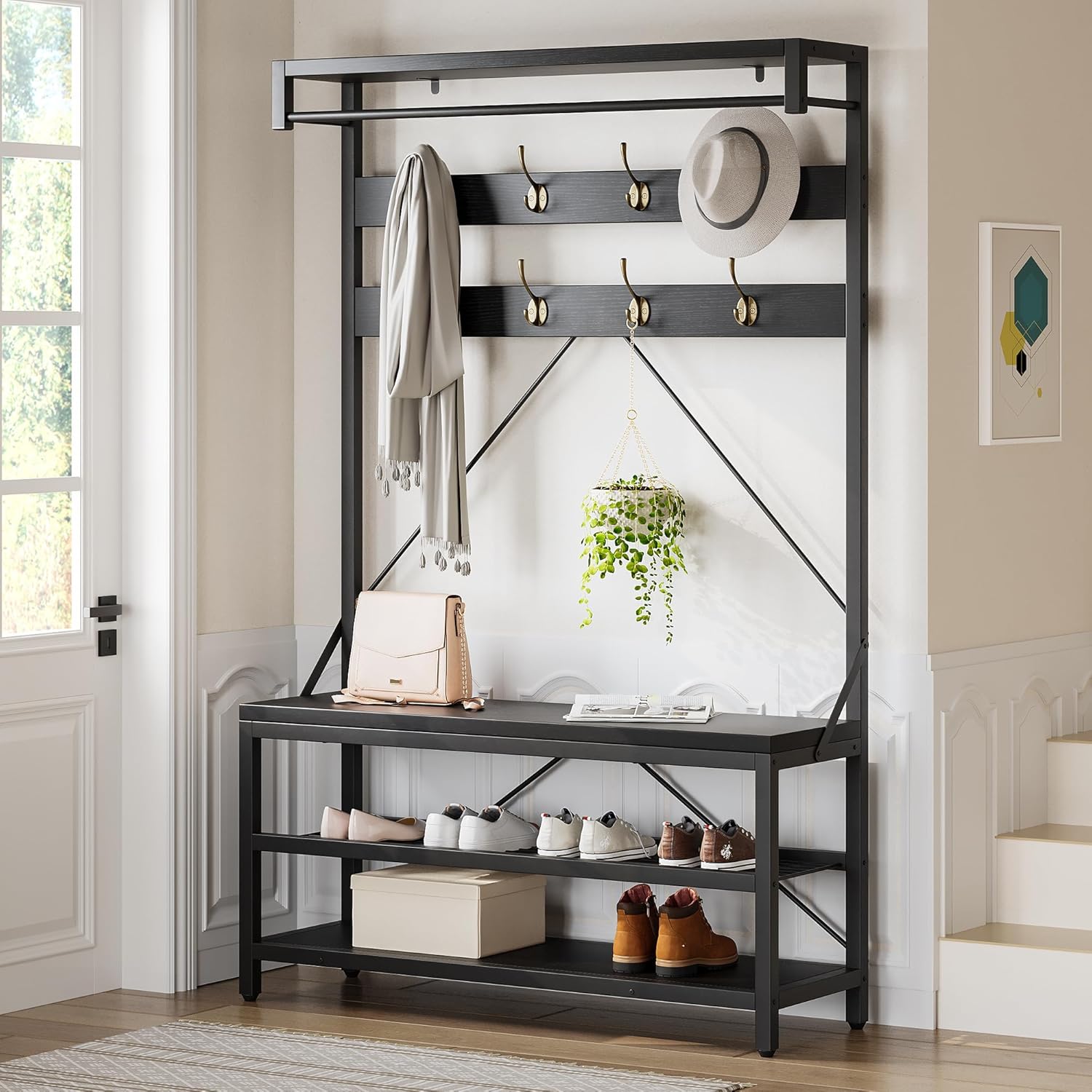 40" Industrial Hall Tree, 3-in-1 Entryway Coat Rack Shoe Bench with 8 Hooks & 3-Tier Storage Shelf, Heavy Duty Metal Frame Mudroom Organizer, Black