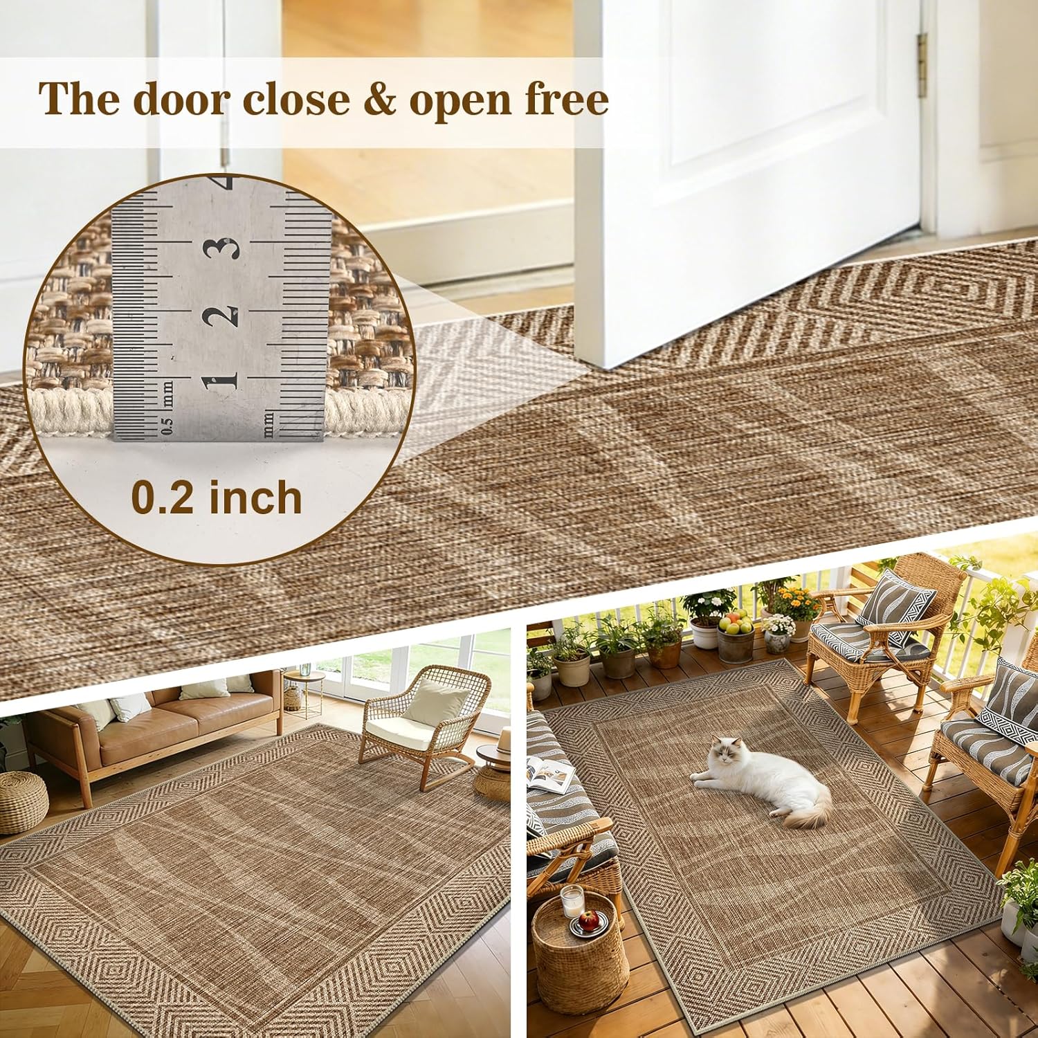Jute Rug 5x7 Outdoor Patio Rug with Border, Washable Rugs for Living Room, Farmhouse Non Slip Area Rugs with Rubber Backing Indoor Outdoor, Non Shedding Carpet for Bedroom, Courtyard, Light Brown