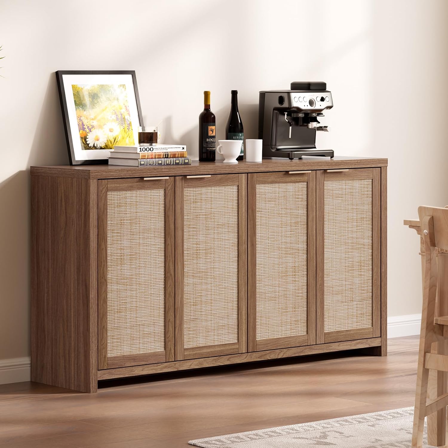 OAKHAM HOME 4 Door Rattan Sideboard Buffet Cabinet with Adjustable Shelves 61" Boho Farmhouse Storage Credenza for Living Room Kitchen & Entryway, Brown Wood Finish
