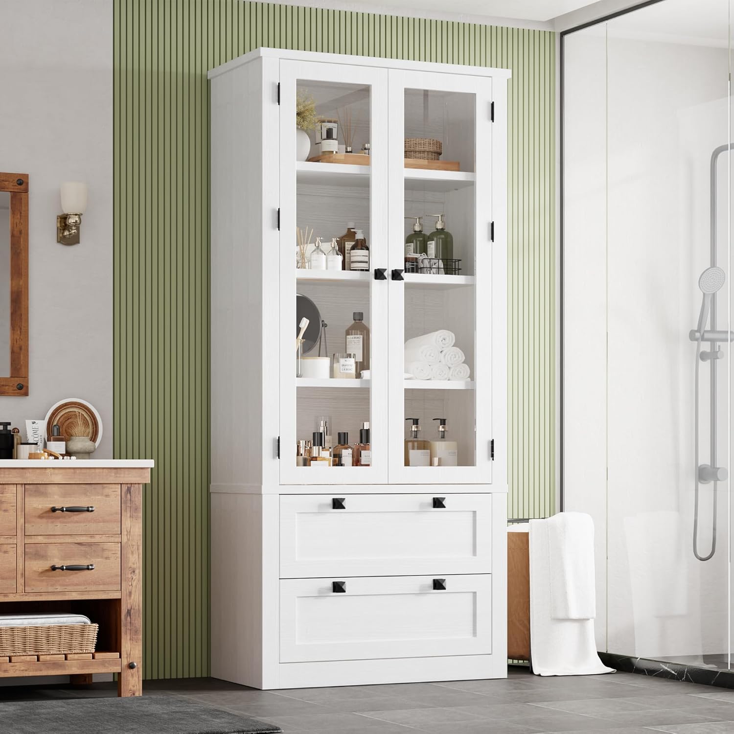 71" Tall Kitchen Pantry Cabinet - Modern Display Storage Cabinet with 2 Large Drawers, Glass Doors, and Adjustable Shelves, Farmhouse Kitchen Cupboard for Dining Room, Bathroom, Living Room, White