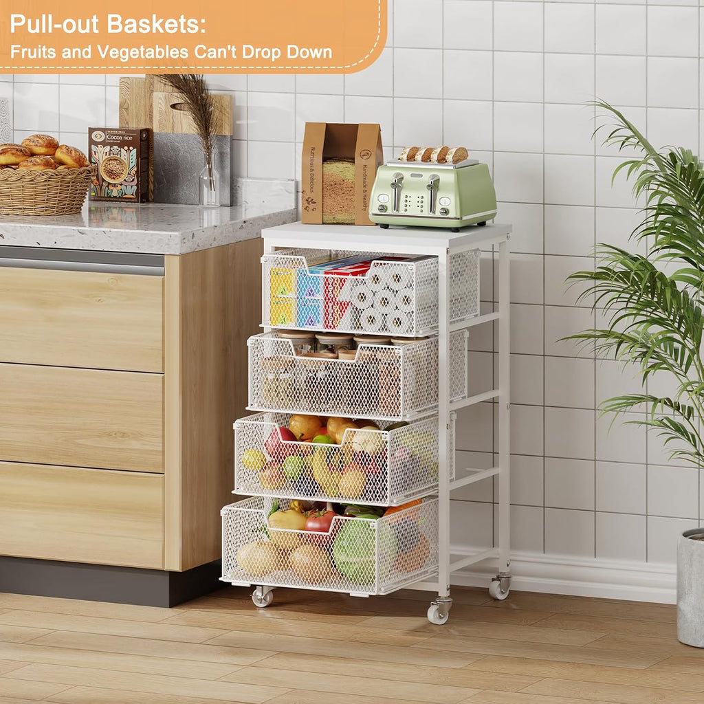4-Tier Kitchen Storage Cart - Fruit Vegetable Storage Cart with Drawers, Wooden Top Metal Wire Kitchen Organizer and Storage Cart with Wheels to Storage Onions Potatoes Cans Snacks for Kitchen