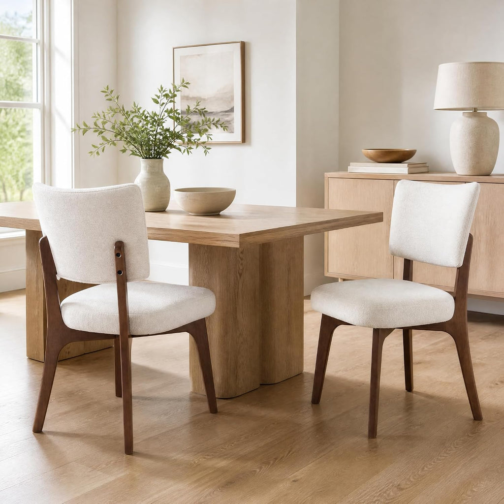 YOUNIKE Wooden Dining Chairs Set of 2, Chenille Fabric Upholstered Dining Room Chairs Kitchen Side Chairs, Farmhouse Dinner Chairs with Solid Wood Legs for Kitchen Dining Vanity, Beige