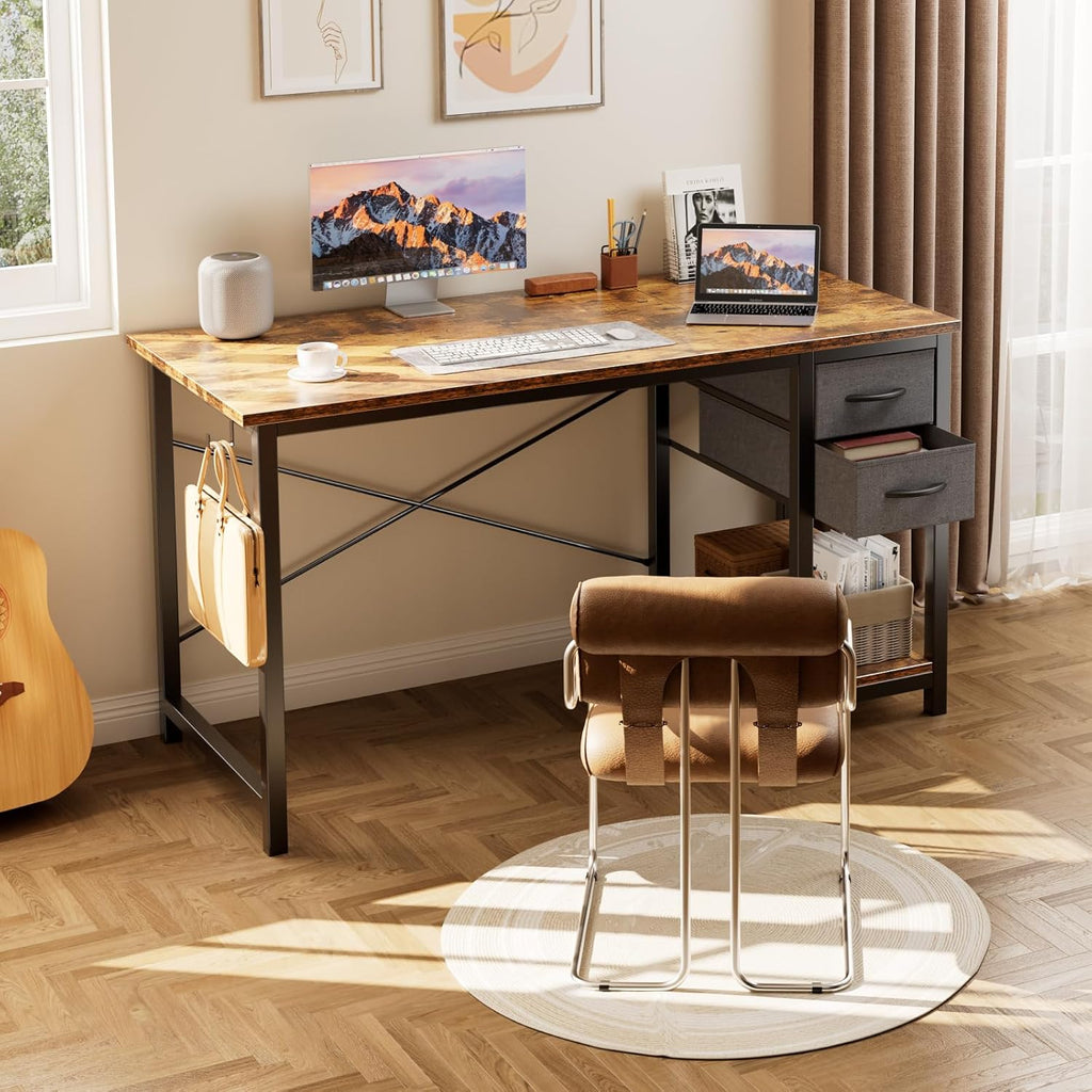 Sweetcrispy 40 Inch Computer Desk with Drawers for Home Office Writing Desk X Shaped Reinforcement Wood Surface Adjustable Position Modern Study Work Side Hook Metal Frame Storage Station Rust