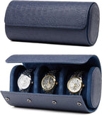 Classic 3 Watch Travel Case- Men's Portable Croc-Embossed Leather Watch & Accessory Organizer. Great Gifts for Men: Watch Roll Or Holder For Easy Carry, Storage And Display.