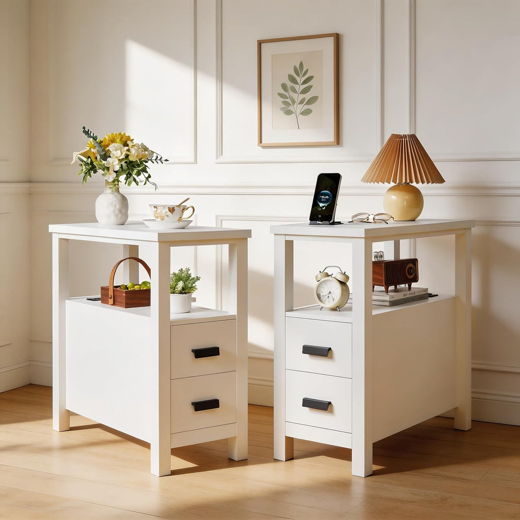 End Table with Charging Station,Narrow Nightstand with 2 Drawers,Sofa Side Table with USB Ports and Outlets,Wooden Bedside Cabinet, Slim Storage Accent Furniture for Bedroom Living Room (White)