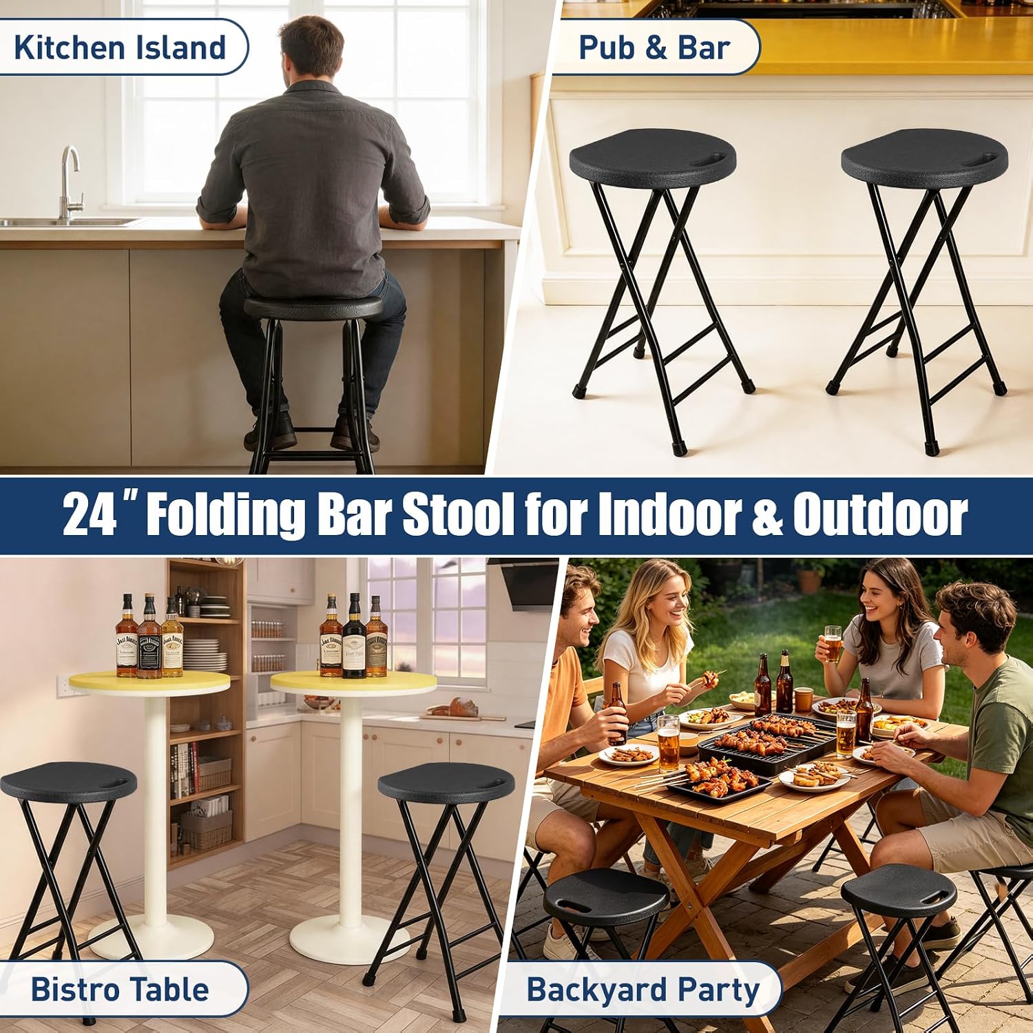 Folding Stool, Black 24 Inch Foldable Bar Stool with Handle, 500 lbs Capacity, Non-Slip Feet, Space-Saving Folding Tall Seating for Kitchen Island, Pub, Camping, Party Ourdoor Indoor(1 Pack)