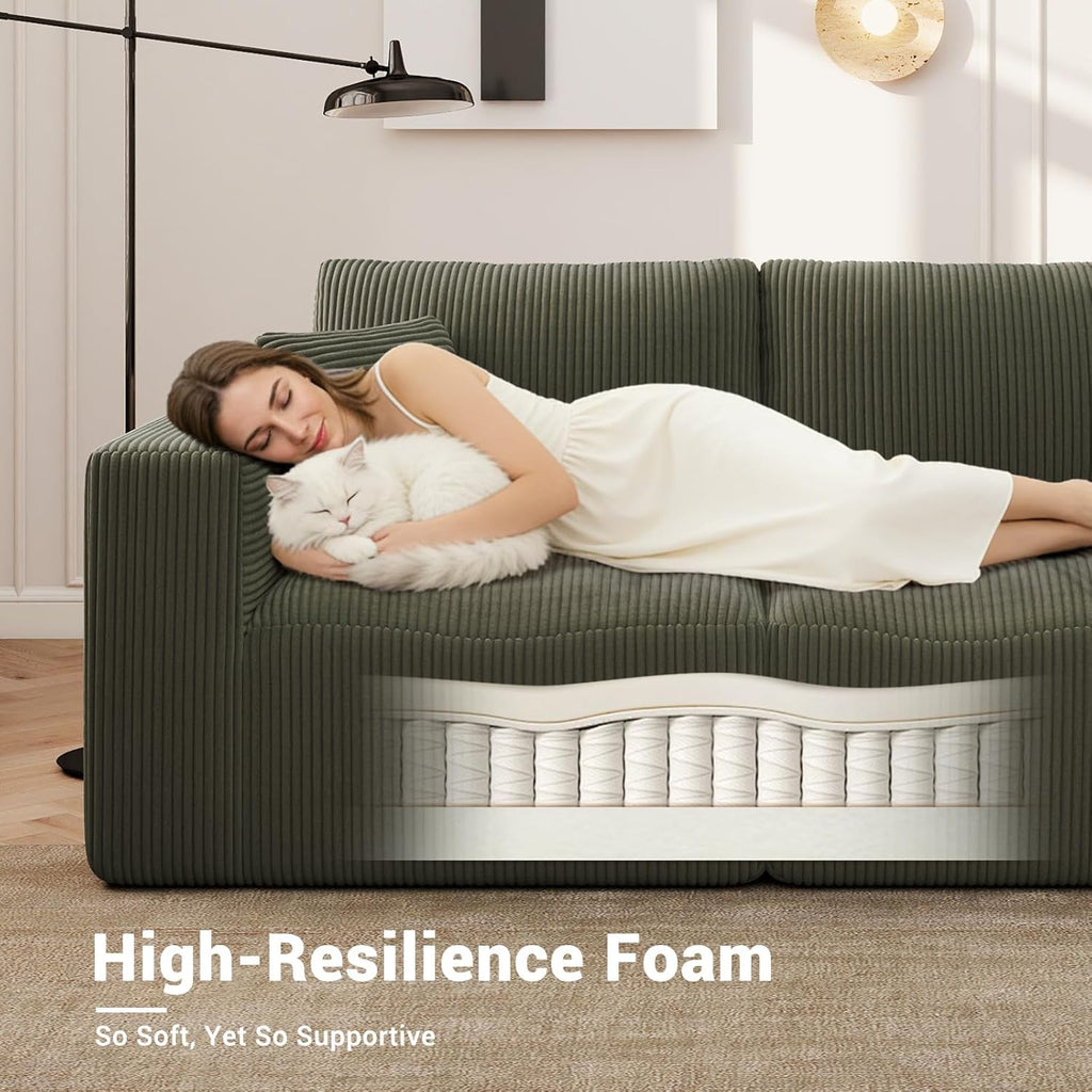 Modular Loveseat Couch Cloud Couches for Living Room - 79" Boneless Sofa - No Assembly Required, Cozy Corduroy Convertible Full Sponge Compression Sofas for House, Apartment(Green)