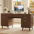 Alohappy 59" Fluted Executive Desk with 5 Drawers & Charging Station, Large Wood Computer Desk with File Drawer and Storage Cabinet, Modern Home Office Desk with Power Outlet for Study, Walnut