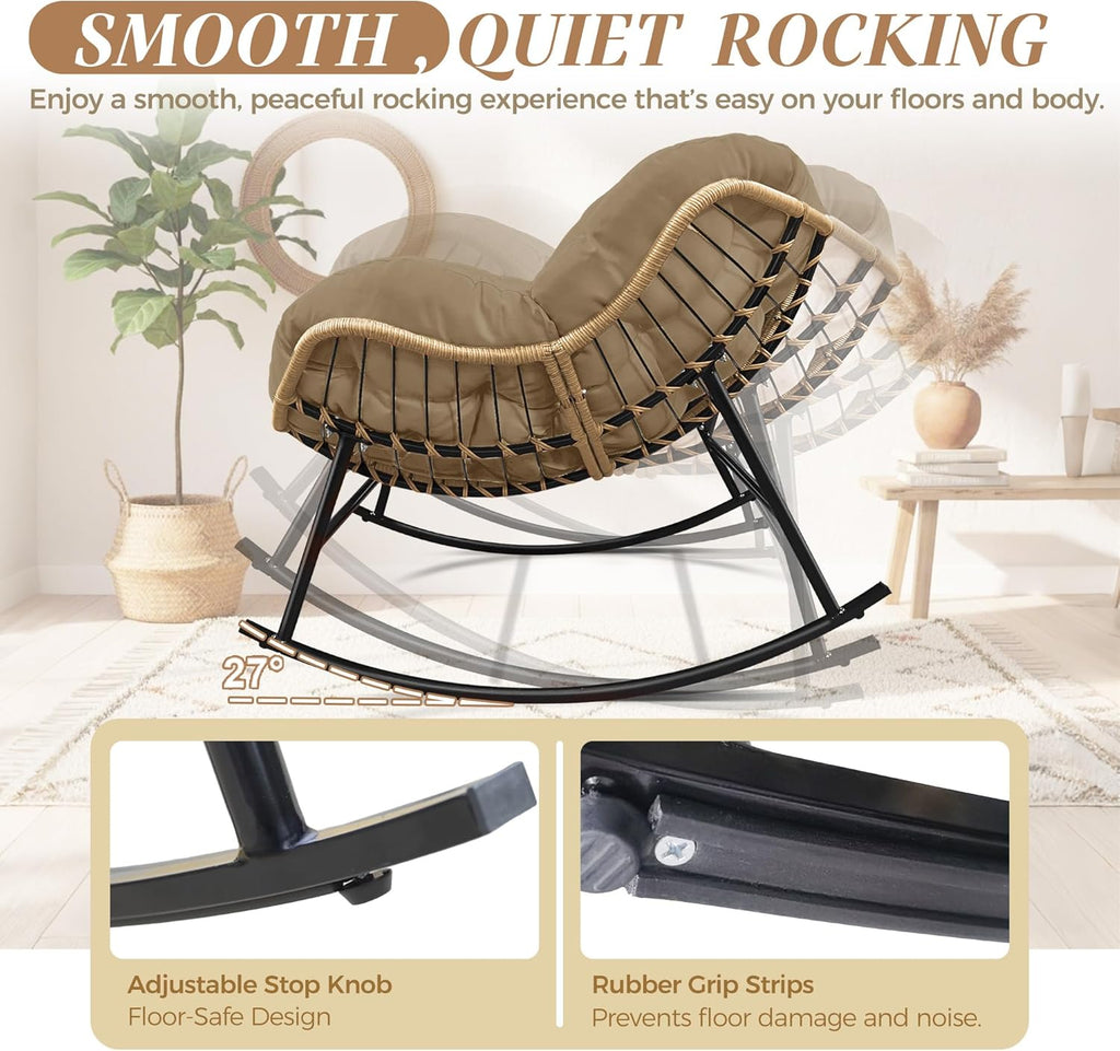 BULEXYARD Outdoor Papasan Rocking Chair with Cushion and Frame, Oversized Large Patio Lounge Chairs, Rattan Comfy Egg Recliner Chair, 450 Lbs Capacity Glider Rocker for Outside Bedroom Garden Brown