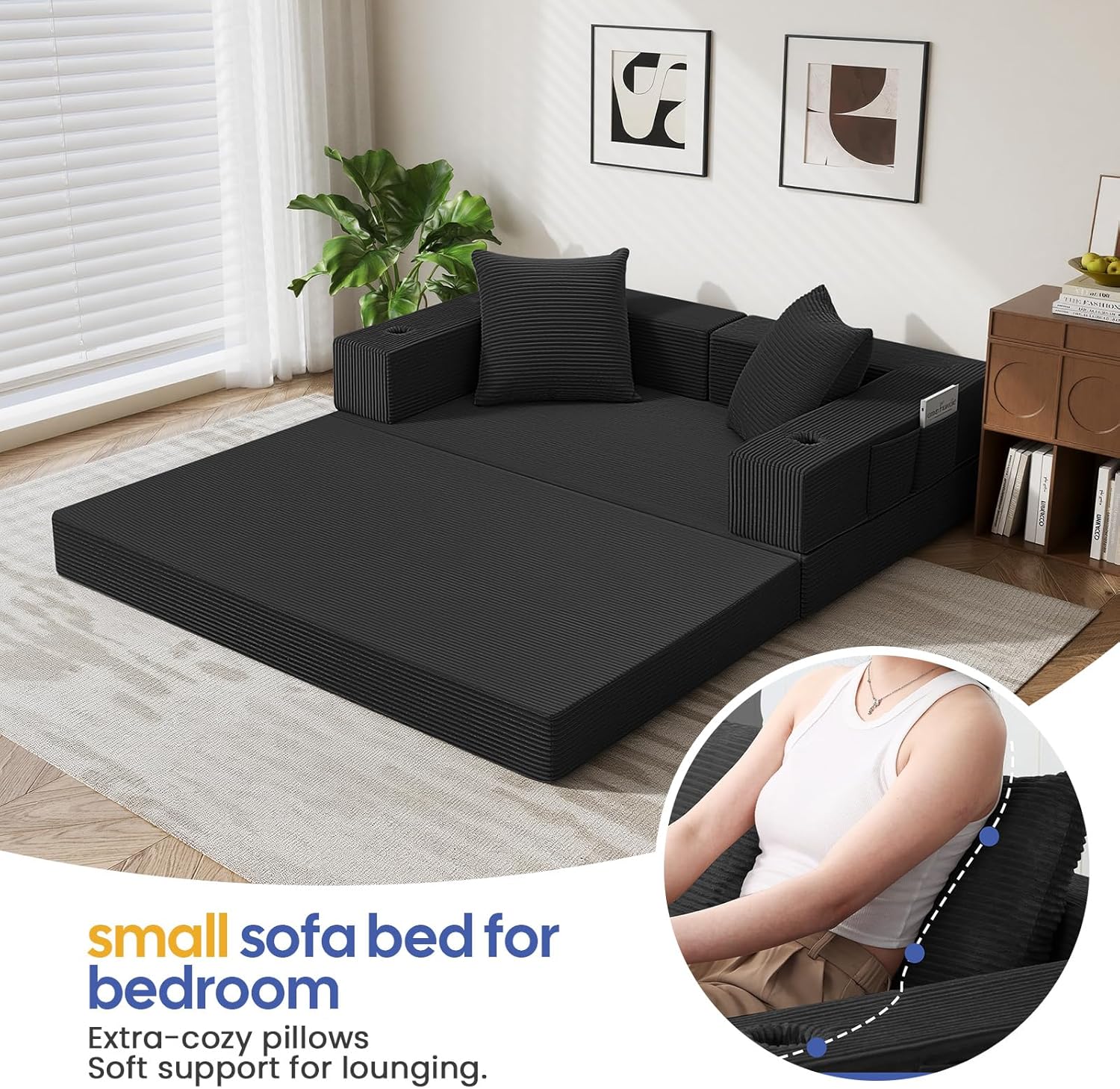 COMAX Futon Sofa Bed, 4‑in‑1 Convertible Sofa Bed, Folding Boneless Couches for Living Room, Fold Out Small Foldable Loveseat Floor Sleeper Comfy Mattress Lounge Space‑Saving, Black