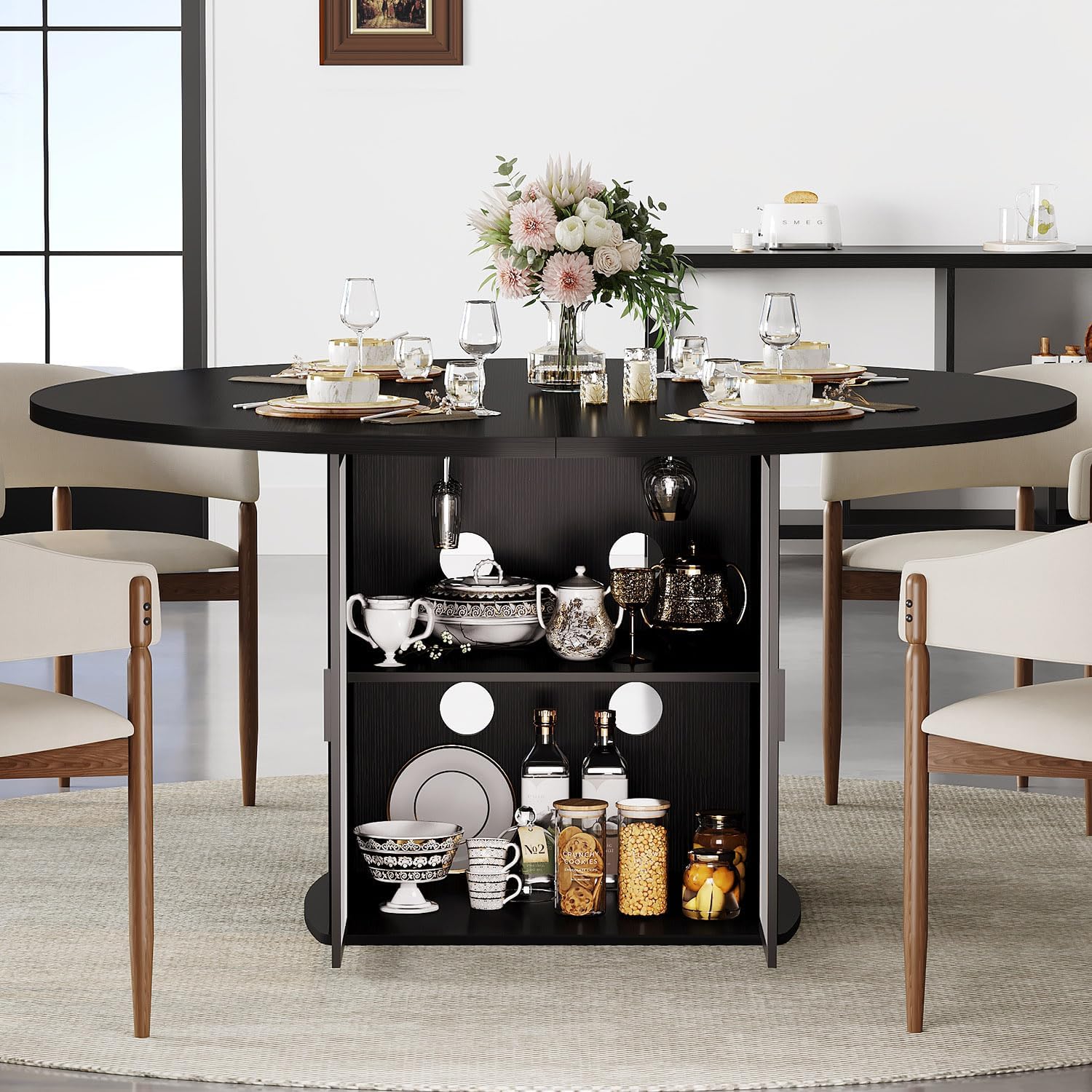 IBF Black Round Dining Table for 4-6, 47" Kitchen Table with Fridge Space, Modern Dining Room Tables with Storage, Industrial Wood Dinner Tables for Home Kitchen Living Room, Black Oak, Only Table