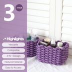 Sea Team 3-Pack Rectangle Woven Cotton Rope Storage Baskets with Handles, Shelf Basket, Closet Organizers, 3-in-1, Purple