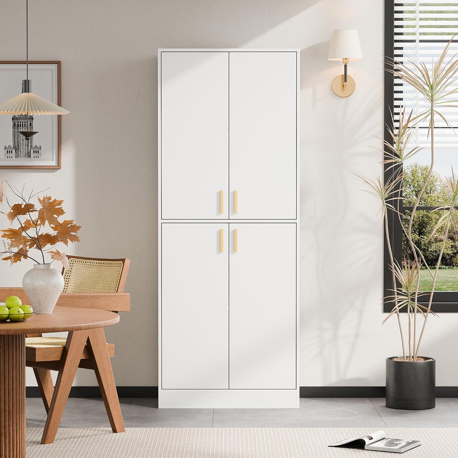 Cozy Castle Kitchen Pantry Cabinet, 71" Tall Wood Storage Cabinet with Doors and Shelves 4 Doors Freestanding Cupboard for Dining Room Living Room Furniture, White