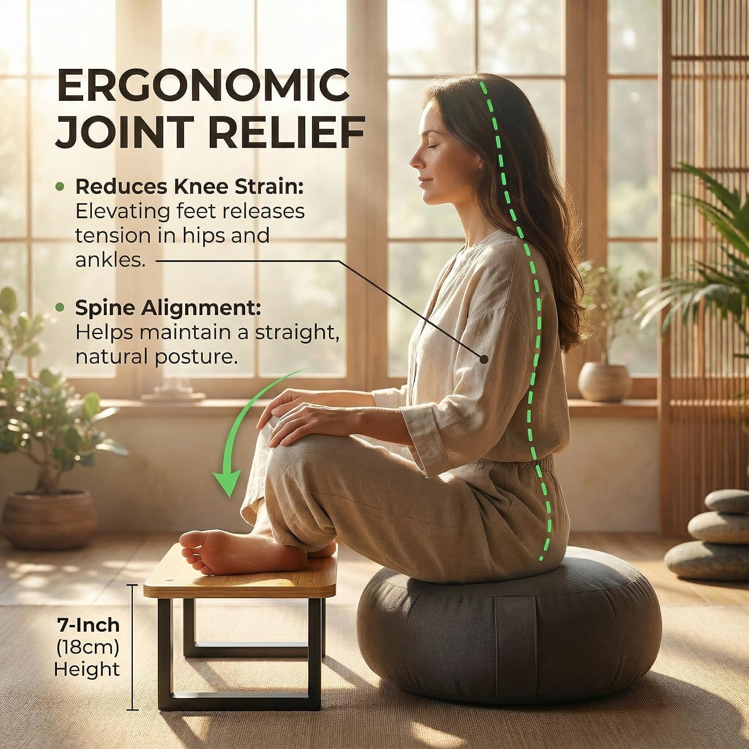 Bamboo Meditation Footrest & Seiza Kneeling Aid – 7" Yoga Support Platform for Leg Relief & Deep Stretching – Ergonomic Zen Prop