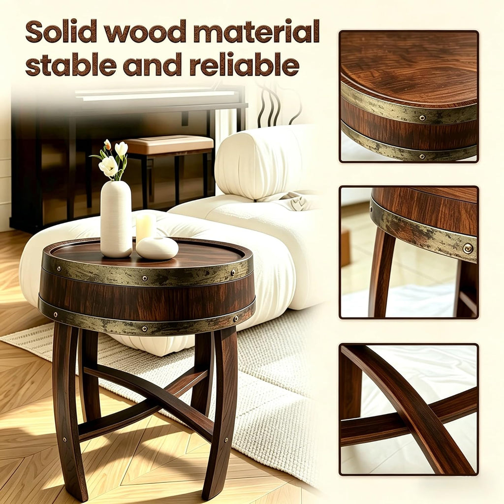 KANG DONG Rustic Round End Table, Whiskey Barrel End Table, Solid Wood Farmhouse Side Table with Barrel-Inspired Design, 22.2" Accent Table for Living Room, Bedroom, Beside Sofa