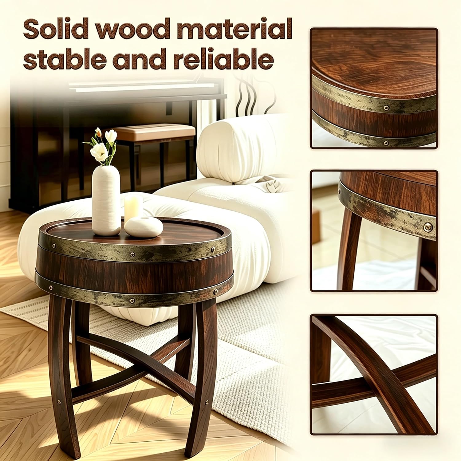 KANG DONG Rustic Round End Table, Whiskey Barrel End Table, Solid Wood Farmhouse Side Table with Barrel-Inspired Design, 22.2" Accent Table for Living Room, Bedroom, Beside Sofa