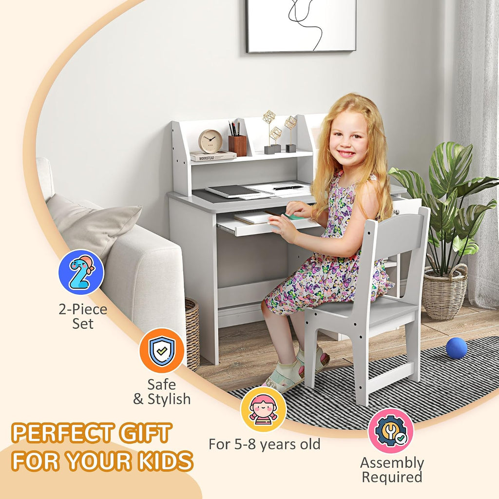 Qaba Kids Desk and Chair Set with Storage, Study Desk with Chair for Children 5-8 Years Old, Gray