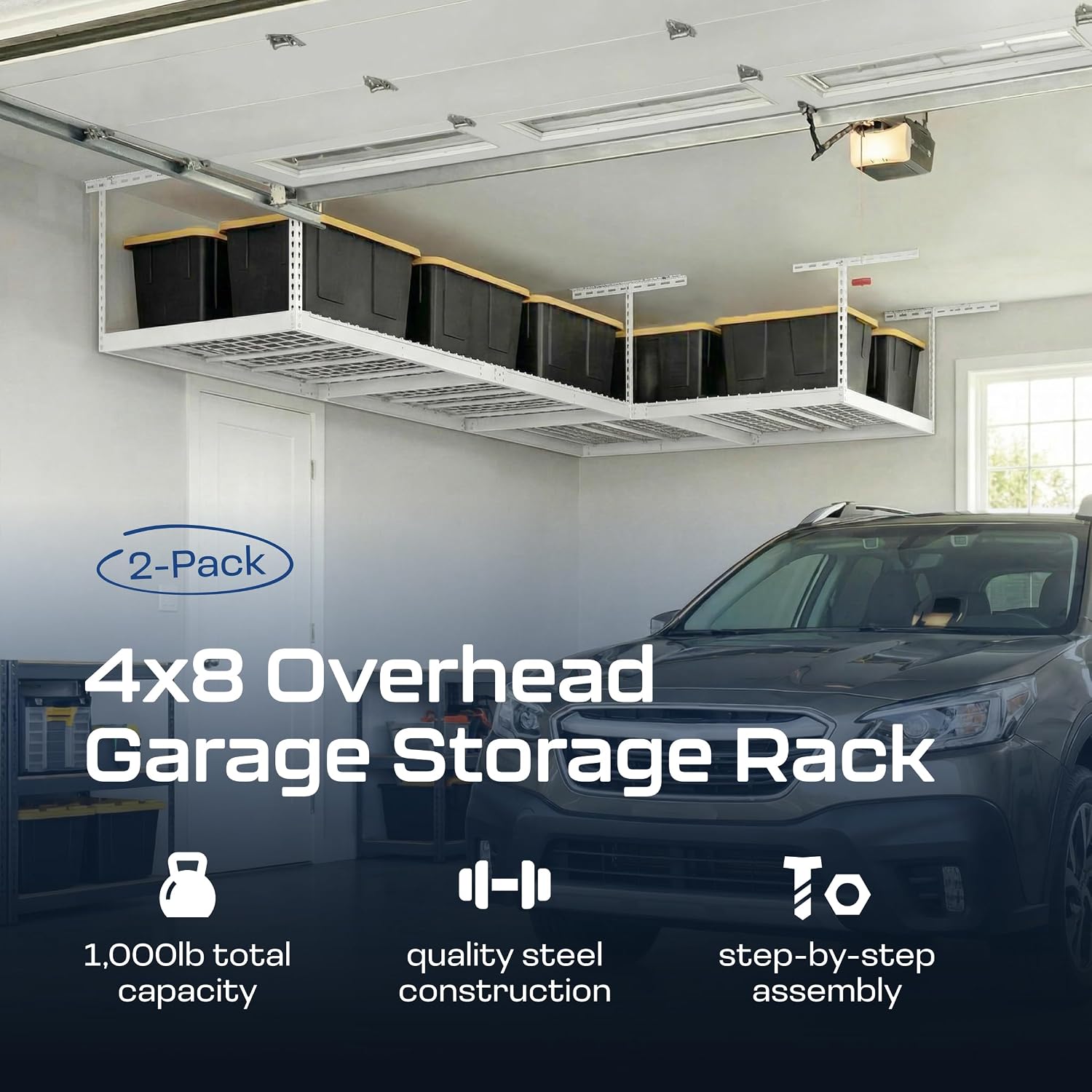 2-Pack 4 x 8 MonsterRax Overhead Garage Storage Rack, Ceiling Racks for Garage, Organization Shelving, Adjustable Hanging Shelf, White, 24"-45" Height Adjustment,