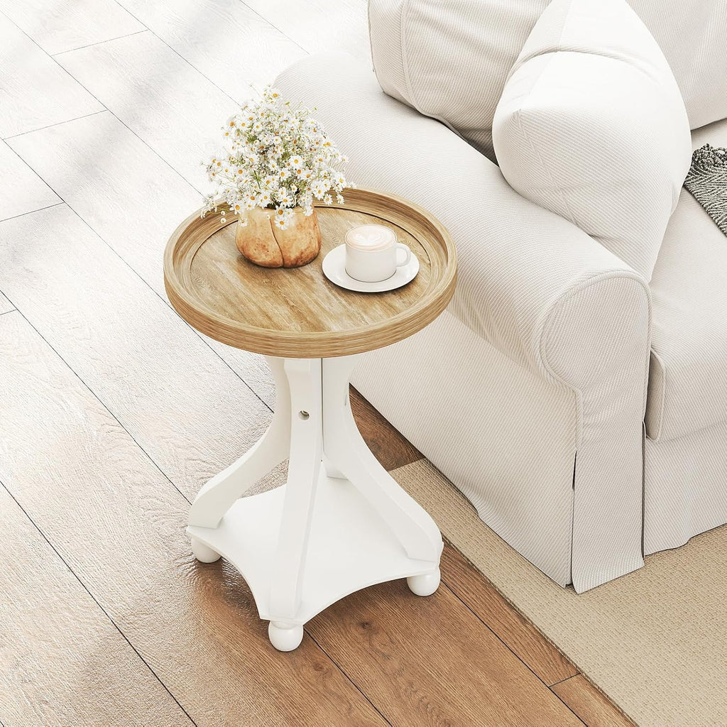 kinbor Farmhouse End Table - Round Pedestal Side Table, French Country Style Bedroom Side Table, Small Accent Table for Living Room, Rustic Wooden Bedside Nightstands for Small Spaces (Walnut)