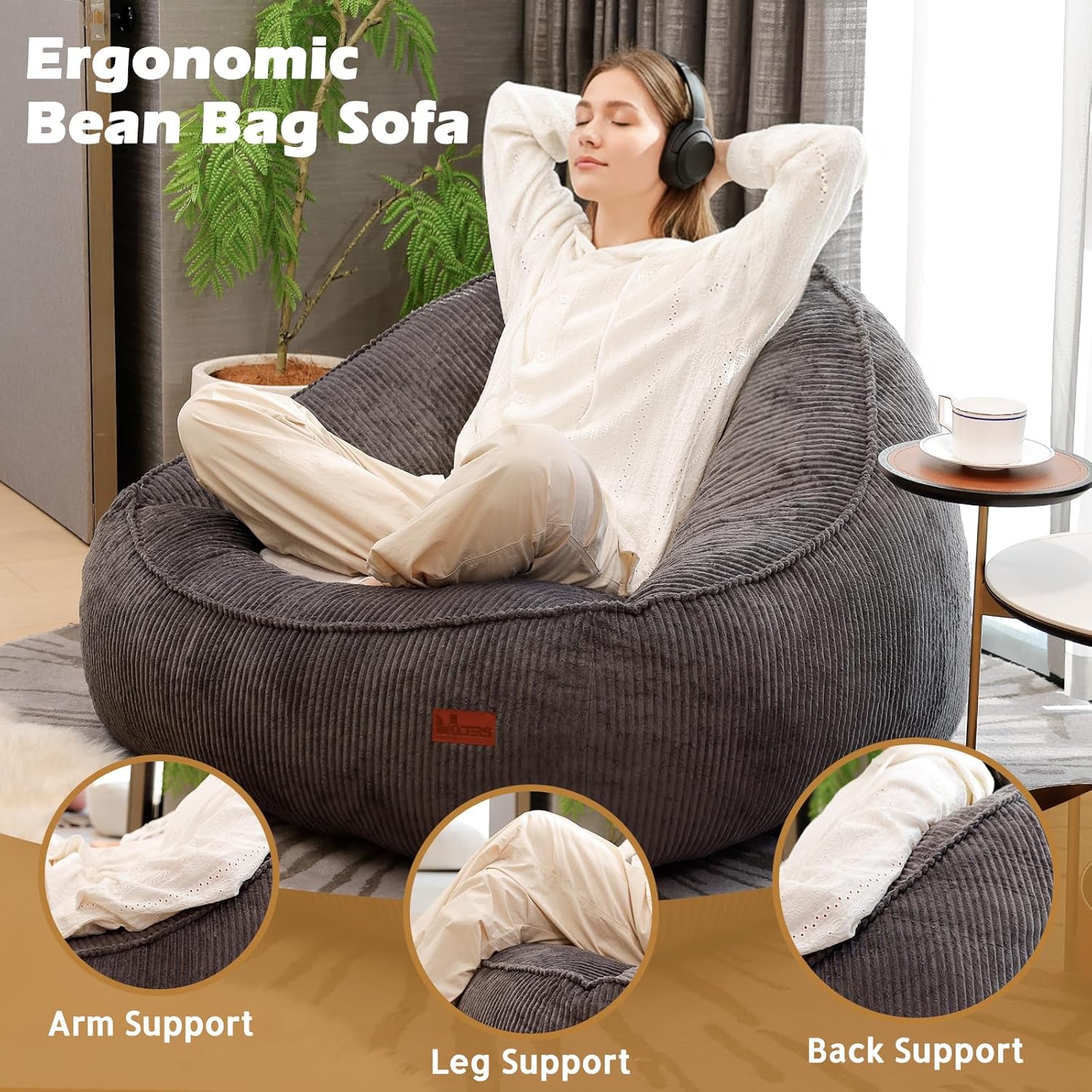 Giant Bean Bag Chair for Adults, Teens and Kids, Cozy Fluffy Corduroy Beanbag Chair with Filler, Large Floor Lounge Sofa for Living Room, Bedroom, Dorm, Gaming and Reading(L-Darkgrey)
