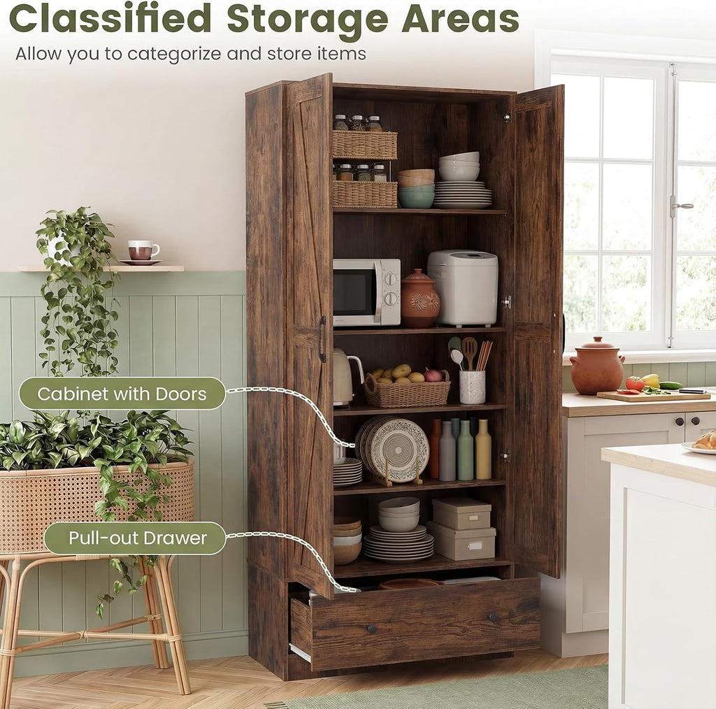 Giantex 72" Tall Kitchen Pantry Cabinet, Farmhouse Wooden Cupboard w/ 2 Doors, Drawer & Adjustable Shelves, Freestanding Versatile Storage Cabinet for Dining Room Living Room Bathroom (Rustic Brown)