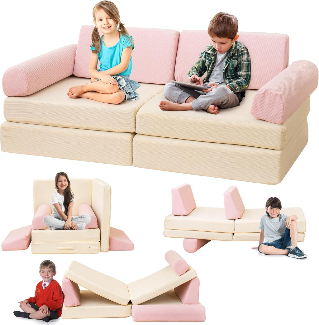 Modular Kids Play Couch, 5 Second Quick Bounce High Density Foam, Corduroy Fabric, Kids Sofa That Inspires Toddler Creativity for Playroom Bedroom Living Rooms Toddler Sofa -Pink and Beige