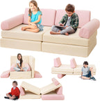 furlinkhm Kids Modular Play Couch, Kids Couch for Playroom, 5 Seconds Instant Expansion, Corduroy Fabric, Pink and Beige