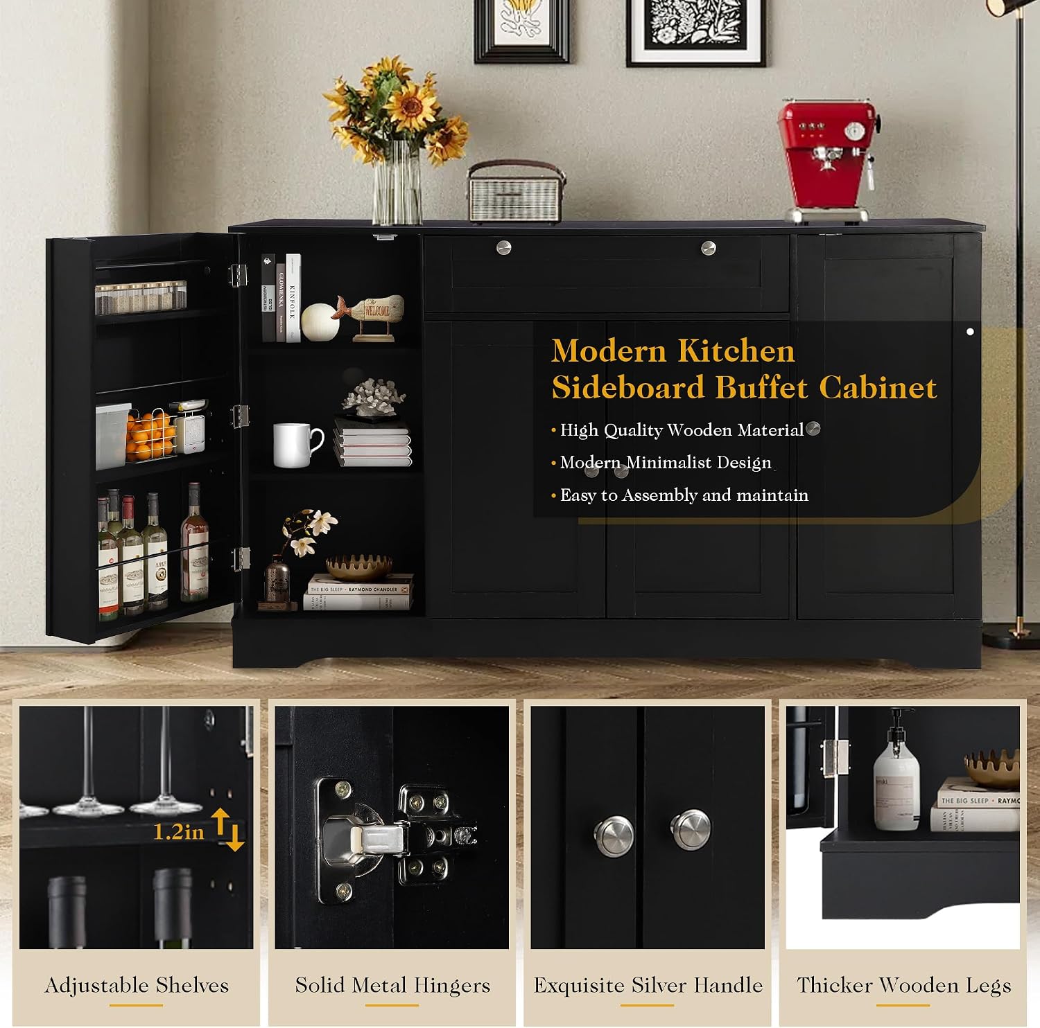 MAGIC UNION 54" Modern Buffet Cabinet with Storage, Wood Sideboard Cabinets with Drawer, Coffee Bar Cabinet with Doors and Adjustable Shelves, Kitchen Pantry Storage Cabinets for Living Room (Black)