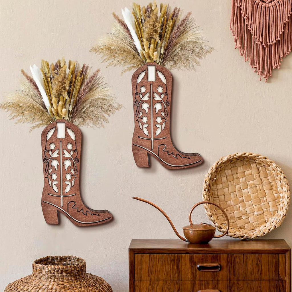 2 Pcs Wood Cowboy Boot Vase for Flowers Faux Greenery, Cowgirl Boot Decor, Western Wall Decor for Bathroom, Bedroom, Kitchen(Flower)