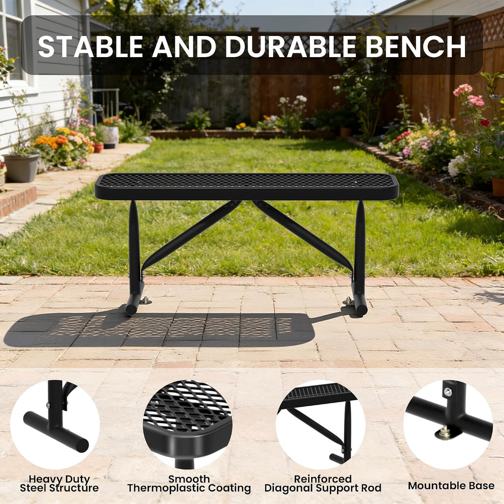 4FT Metal Park Bench for Outside, Heavy-Duty Outdoor Bench with Thermoplastic-Coated, Weatherproof Steel Mesh Bench for Parks, Gardens, Patios, Stores, Black