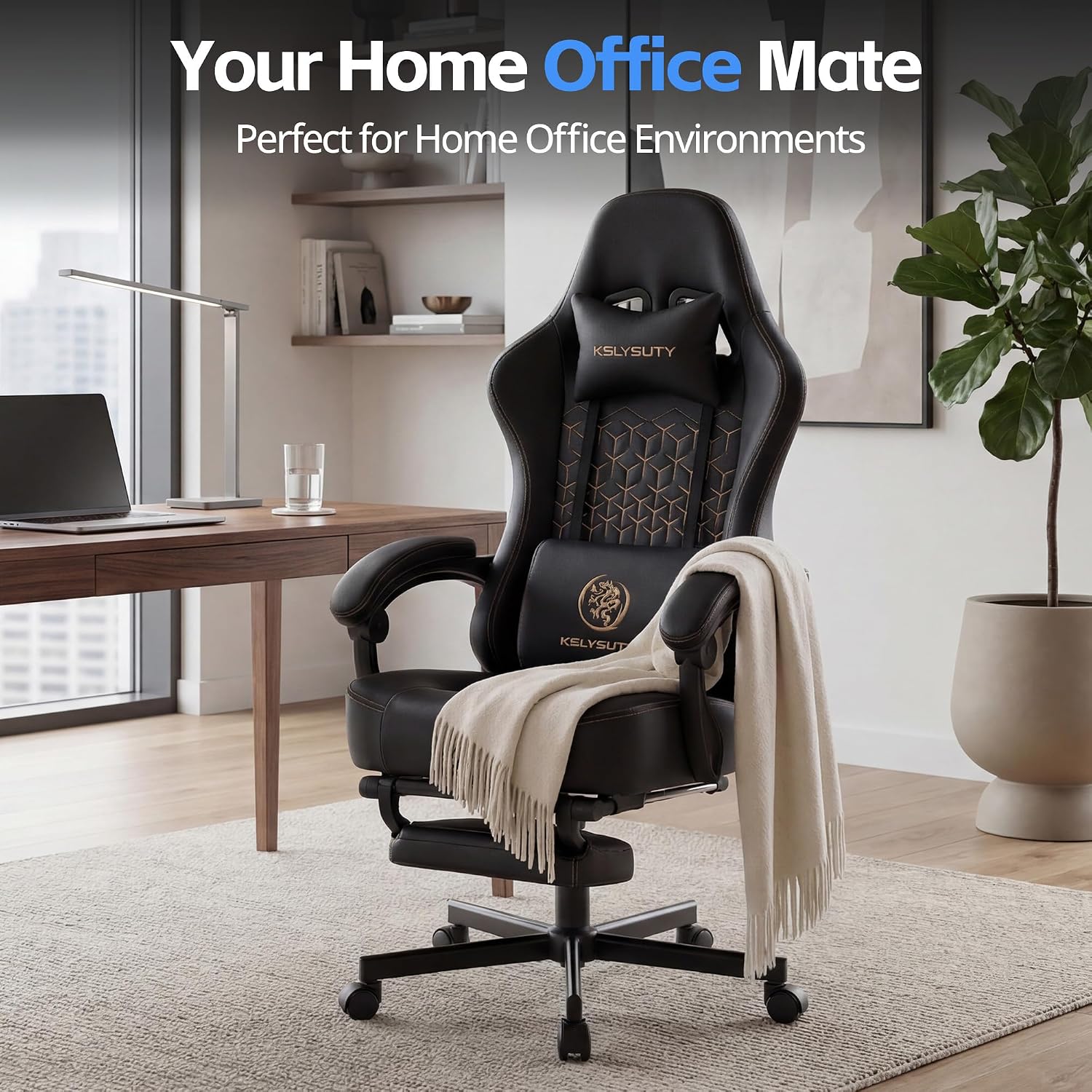 Desk Computer Gaming Chair - Ergonomic Game Office Chair with Extended Footrest and Massage Lumbar Support, Home Gamer Video Game Chairs with Spring Cushion for Adults (Pro Black Leather)