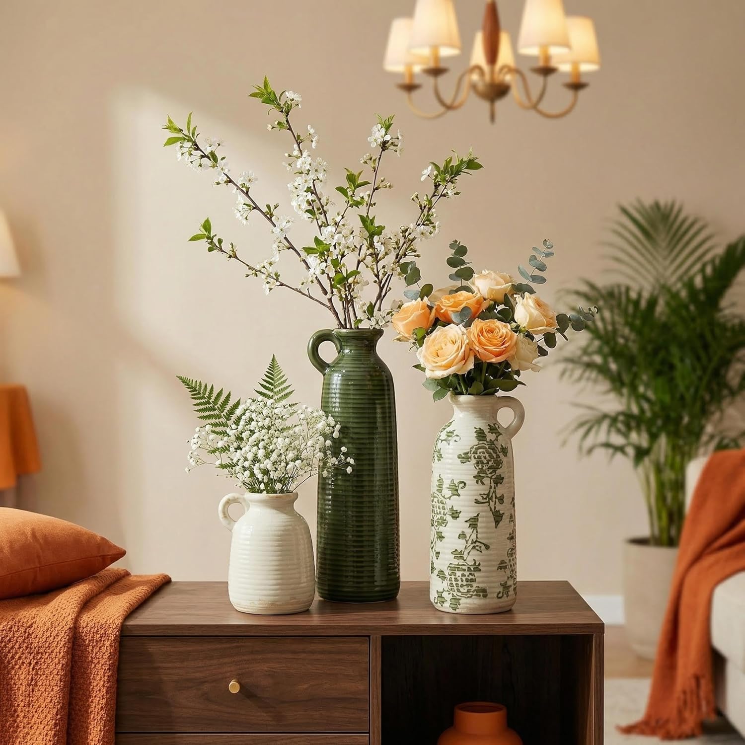 LIFESTYLO Ceramic Vase Set of 3 with Handles, Green White Neutral Rustic Modern Farmhouse Boho Decor, Versatile as Table Centerpiece or Mantel & Shelf Accent - Unique Home Gift Idea