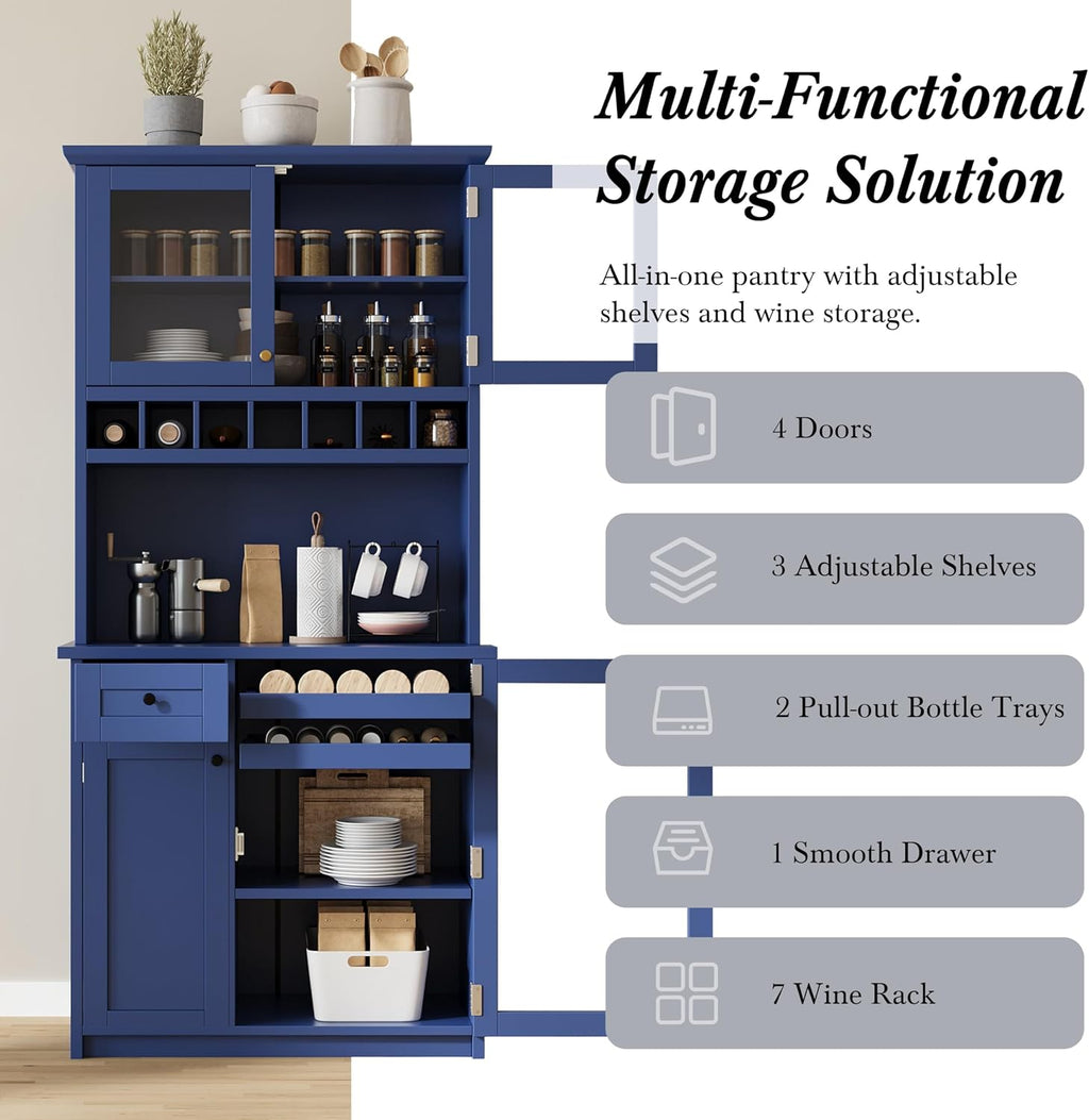 74.8 Inch Tall Farmhouse Freestanding Buffet with Hutch, Tall Kitchen Pantry Cabinet, Dining Room Storage Cupboard with Wine Rack and Adjustable Shelves for Dining Room, Living Room,Blue