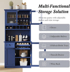 74.8 Inch Tall Farmhouse Freestanding Buffet with Hutch, Tall Kitchen Pantry Cabinet, Dining Room Storage Cupboard with Wine Rack and Adjustable Shelves for Dining Room, Living Room,Blue