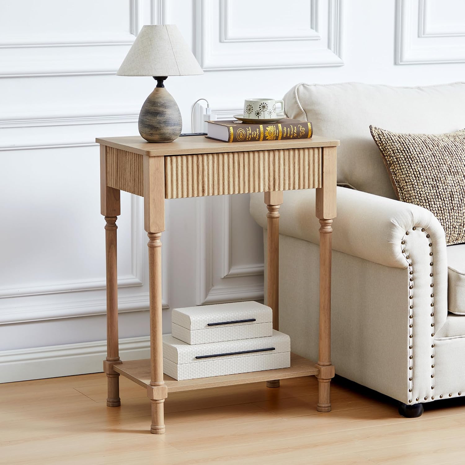 XUZENEST 23.6” Large End Table with Charging Station, Modern Farmhouse Side Table Sofa Tables with Fluted Drawer, Wooden Bedside Table Night Stand for Bedroom Living Room Home Office, Natural