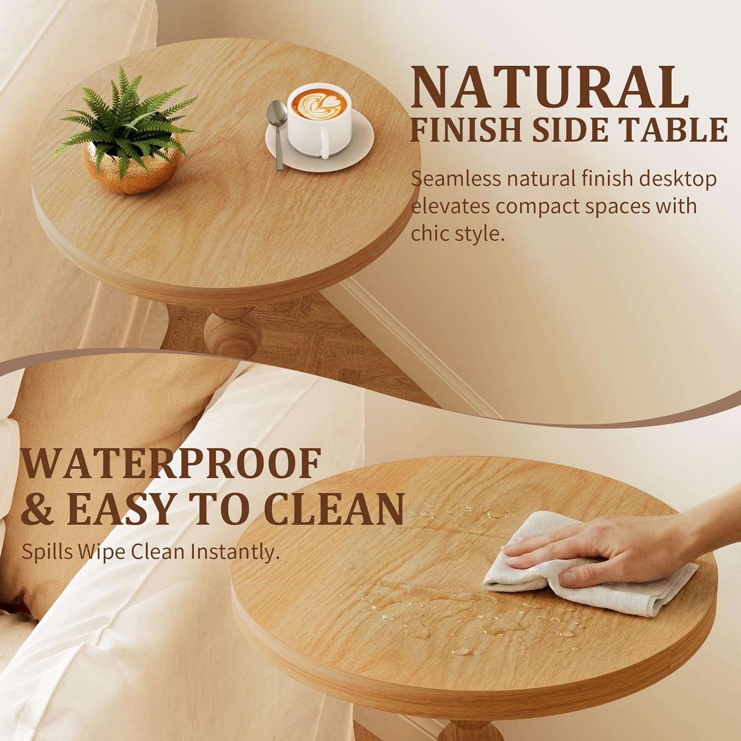 Round Side Table, Drink Table for Small Spaces, Modern Accent Nightstand with Rubberwood Leg for Living Room, Bedroom, Corners, and Office (1, Dark Natural)