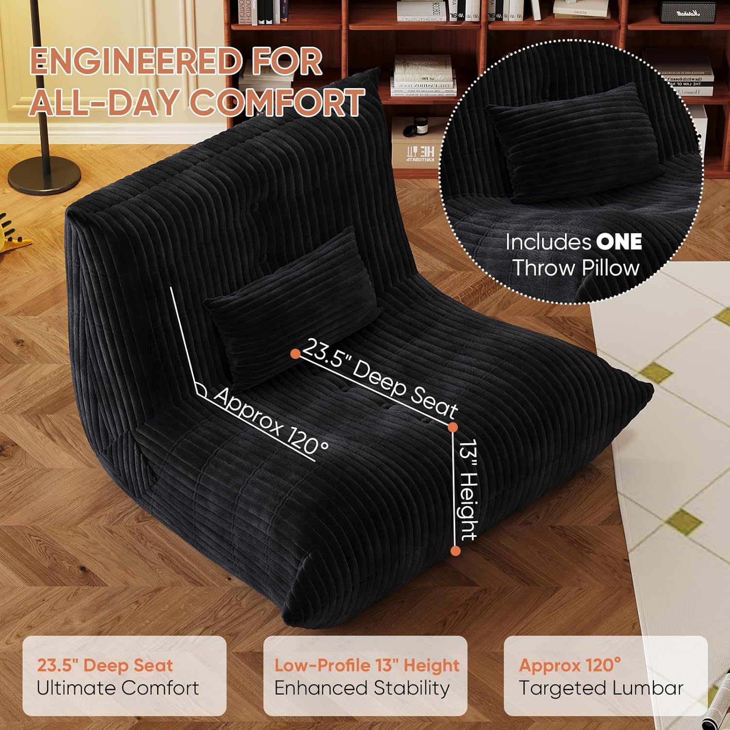 Bean Bag Chair with Pillow, Giant Flannal Memory Foam beanbags Lazy Sofa for Audlts Fireside Chair Armless Chair for Living Room Bedroom Dorm Office (Black, Single Sofa)