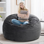 Kromax Bean Bag Chair with Filling Included, Large 4FT Comfy Bean Bag Chairs for Adults, Teens, Memory Foam, Machine Washable Thick Dutch Velvet Cover, for Living Room, Den, or Bedroom, Dark Grey