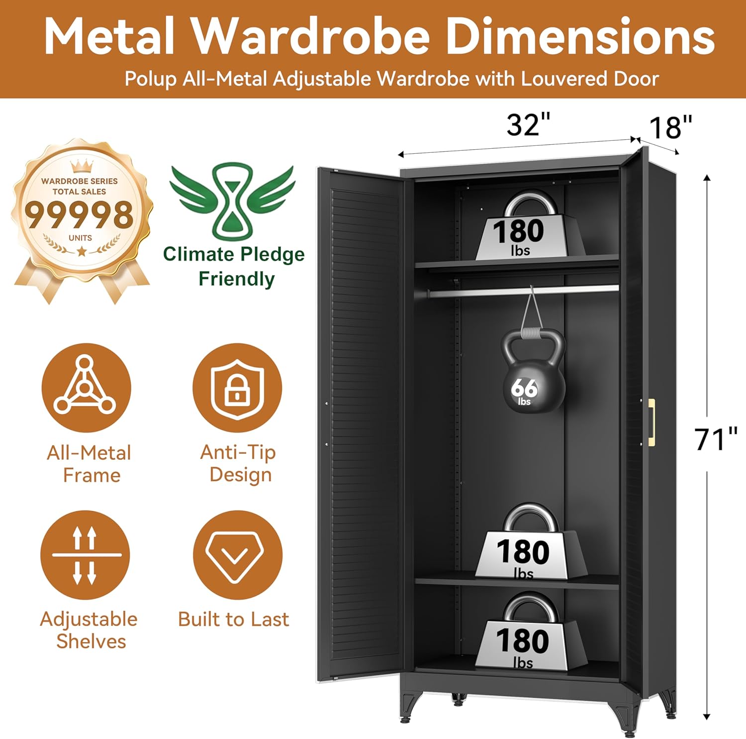 Polup 71" Tall Metal Armoire Wardrobe Closet with 2 Doors, Heavy Duty Steel Clothing Storage Cabinet with Hanging Rod & Adjustable Shelves, Freestanding Modern Locker Organizer for Bedroom, Office