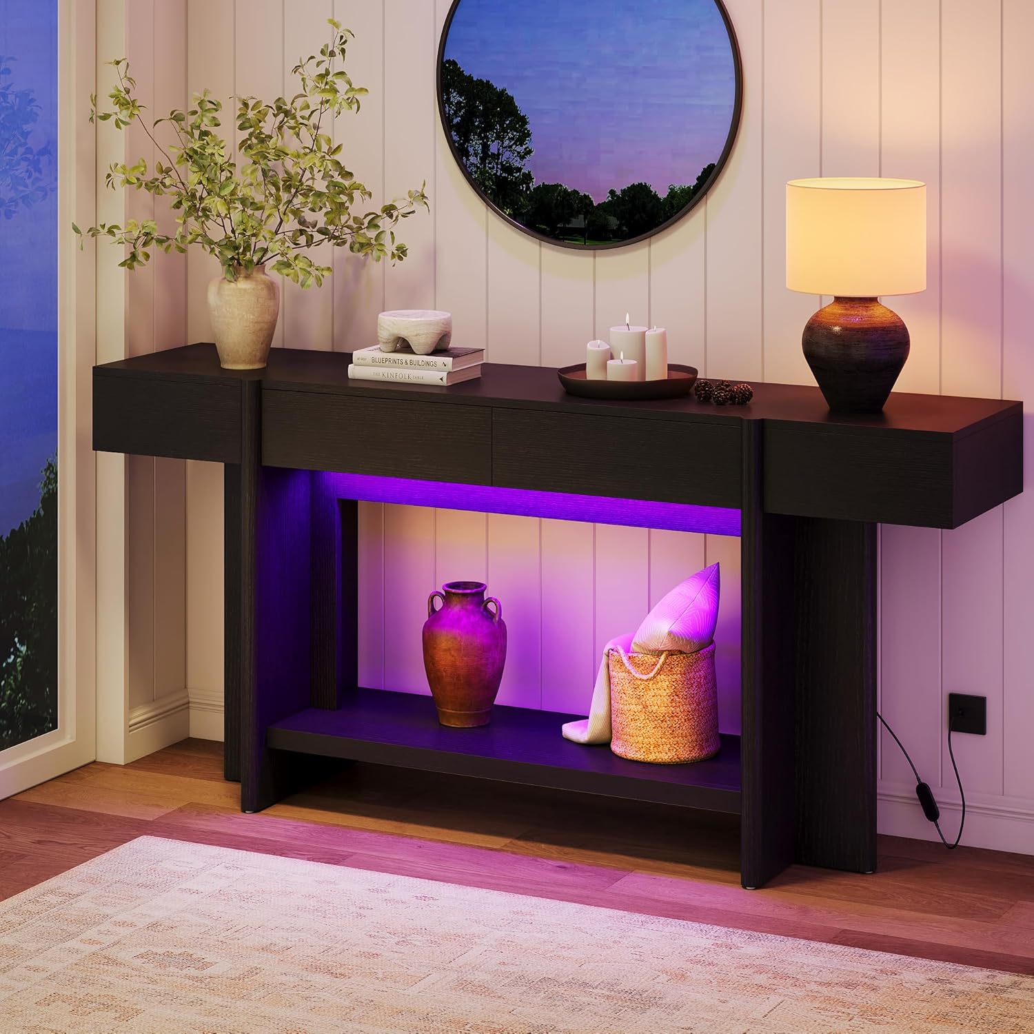 iPormis 70.8" Long Console Table with 2 Drawers and Open Storage, Modern Entryway Table with Colorful LED Lights, Narrow Sofa Table for Living Room, Hallway, Entrance, Behind Couch, Black