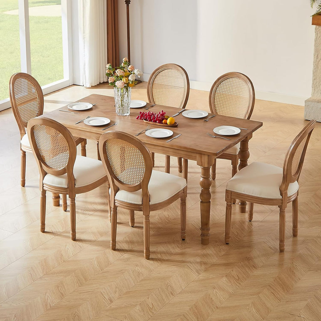 Virabit French Dining Chairs Set of 4, Hand-Woven Rattan Farmhouse Upholstered Dining Chairs with Curved Backrest and Beautifully Carved Solid Wood Frame for Living Room, Kitchen, Restaurant