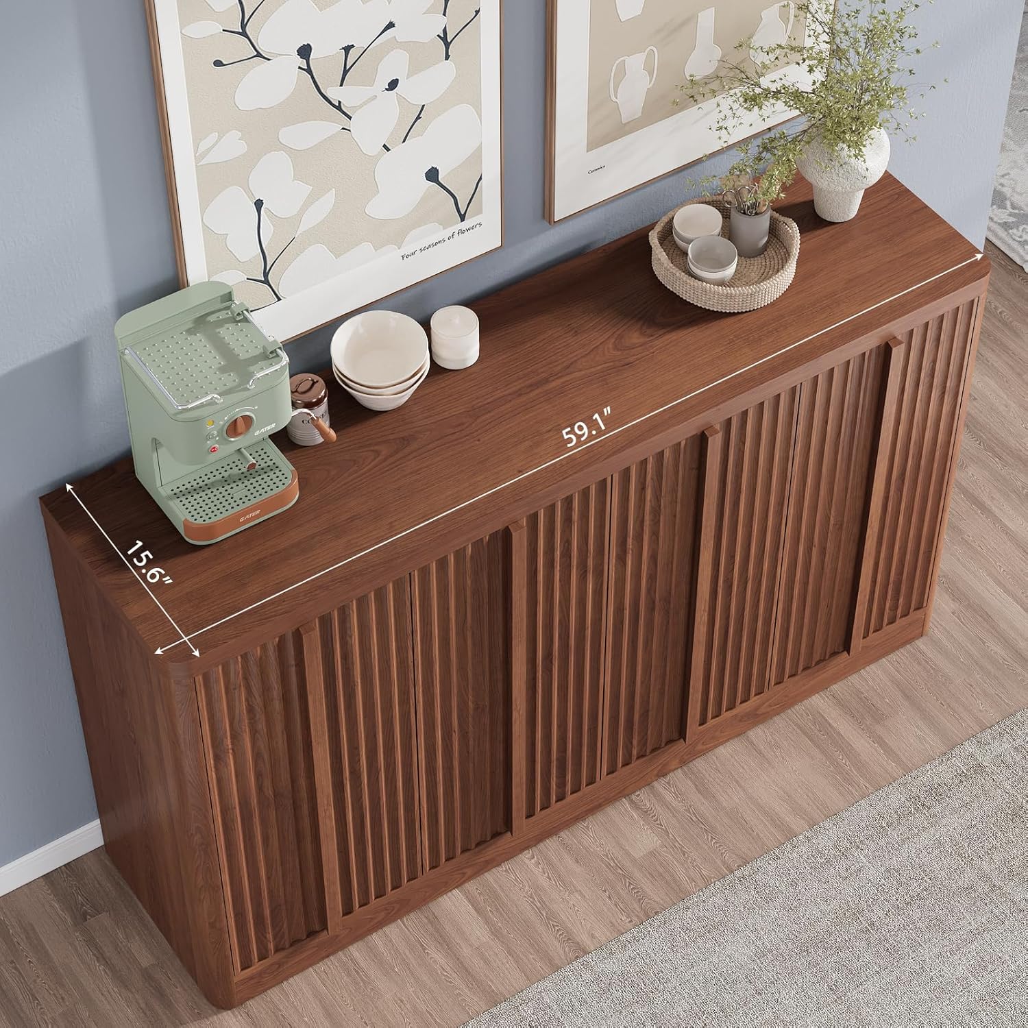 Fluted Buffet Cabinet with Storage, 60" Sideboard Buffet Storage Cabinet with 4 Doors & Adjustable Shelves, Wood Coffee Bar Credenza Storage Cabinet for Kitchen, Living Room, Walnut(1PCS)