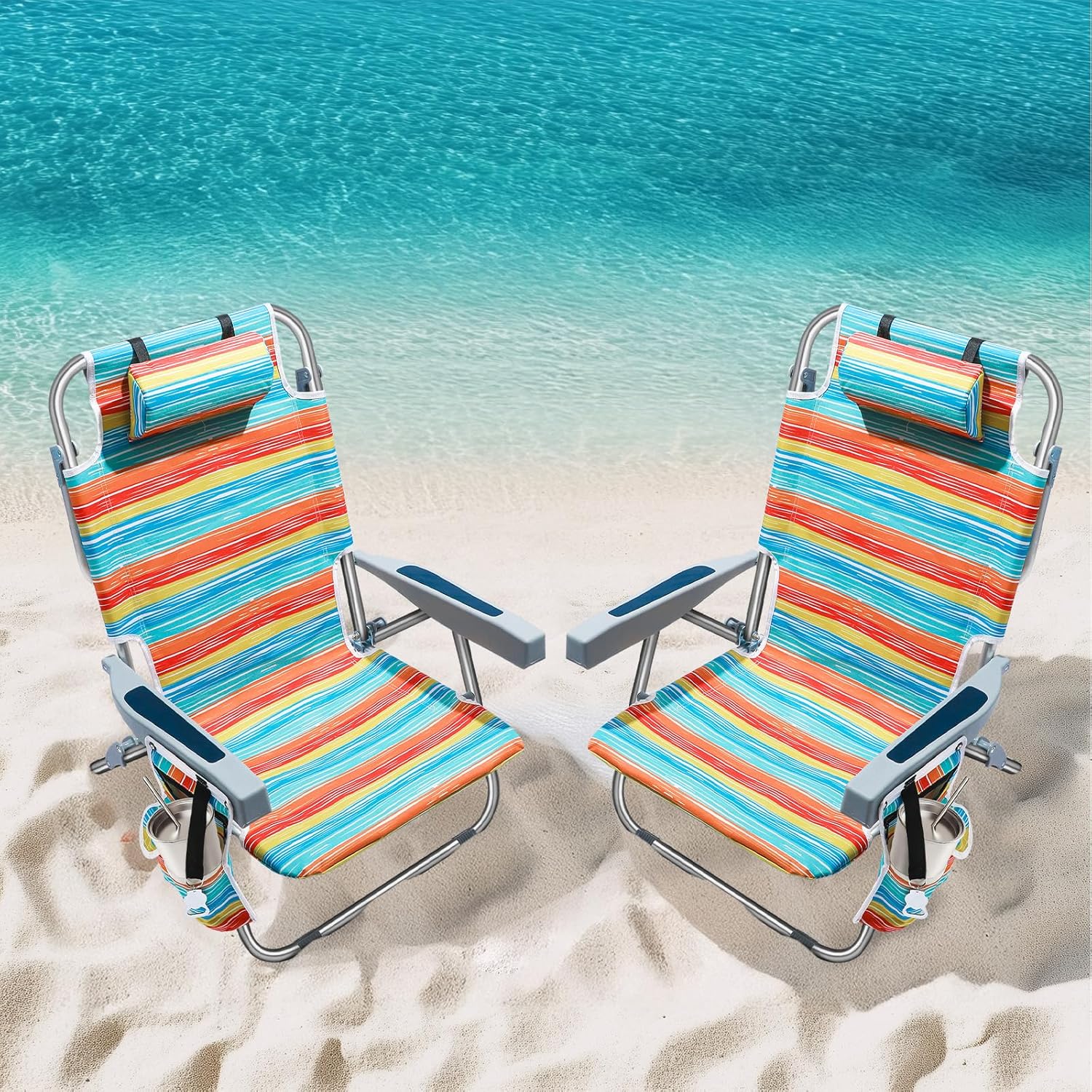 PASAMIC Backpack Beach Chairs for Adults 2 Pack Portable, Lay Flat Reclining Beach Chairs with 5 Positions, Tall Heavy Duty Folding Chair with Cup Holder, Cooler Pouch, Towel Bar, Multicolor Stripe