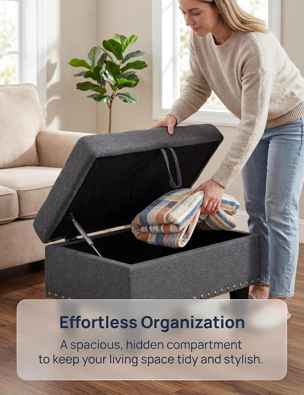 Ottoman with Storage, 28.5 inch Liner Storage Ottoman with Padded Seat, Large Entryway Bench with Solid Wood Frame, Upholstered Sturdy Foot Rest for Living Room, Bedroom, Entryway, Dark Gray